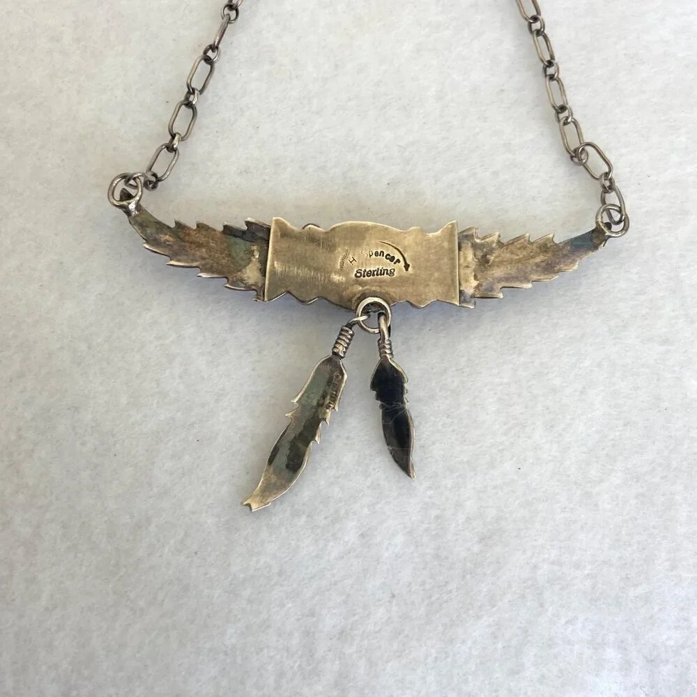 VTG Sterling Silver 925 H. Spencer Navajo Turquoise Leaf Feather Necklace 20.5